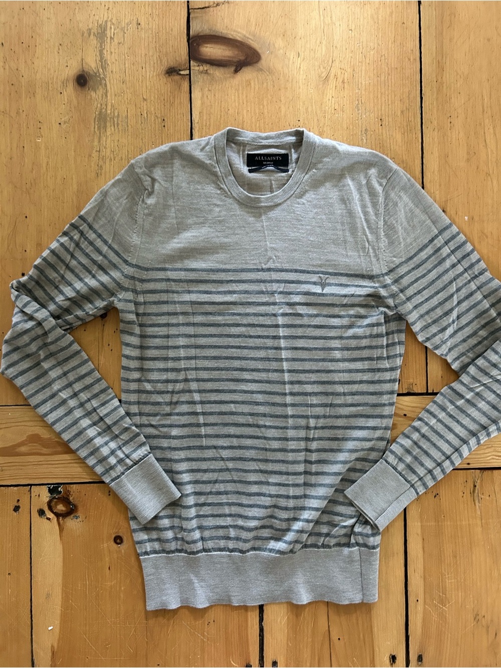 All Saints Men's Striped Crewneck Sweater in Light Gray/ Oatmeal